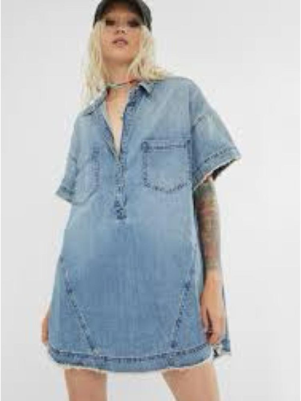 Free People Light Blue Denim Short-Sleeve Shift Dress Tunic Size L